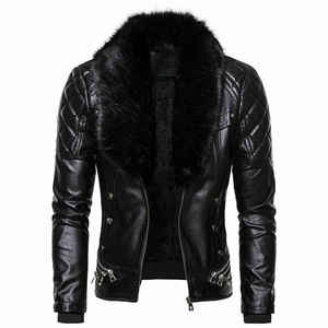Men's PU <b>Leather</b> Moto Jacket <b>With</b> <b>Fur</b> Collar Zipper Closure Winter Warm Biker <b>Coat</b> Slim Fit Solid Color - Product Image 2