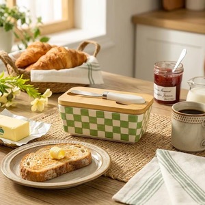 Green <b>Check</b> Design Ceramic Butter Dish With Wooden Lid For Daily Use Kitchen <b>Table</b> Elegant Butter Storage From India - Product Image 5