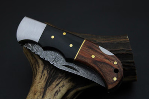 Handmade Damascus Steel Folding Knife with Two Tone Wood Handle Leather Sheath Utility survival camping knives A&M Enterprises - Product Image 6