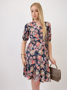 Vestido Formal con Estampado Floral Negro, Corte Evase, Cuello en V, Manga Corta, Largo Midi, Dobladillo con Volantes, Cintura Natural, Georgette Ecológico - Product Image 4