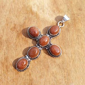 Pendentif Croix en Laiton Fait Main, Pierre de Sable Dorée Naturelle, Vintage, Unisexe, Plaqué Argent Antique, Bijou Cadeau à Bas Prix - Product Image 4