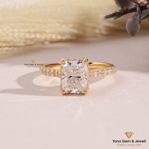 Bague de mariée de créateur en or jaune massif 14 carats, diamant de laboratoire CVD taille radiant, couleur F, clarté VVS2, 2,00 carats, certifié IGI, cadeau - Product Image 1