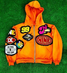 Sudadera con capucha de algodón pesado con cremallera completa, bordado personalizado de alta calidad, diseño de última generación, con bordes sin rematar y efecto vintage para hombre - Product Image 4