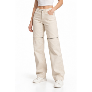 Jeans de mezclilla ajustados convertibles con cremallera de tiro medio para mujer, talla grande, bordados, color crudo - Product Image 3