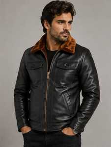 Blouson en cuir pour homme avec col en fausse fourrure et fermeture éclair - Product Image 3