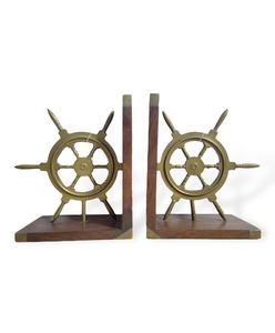 Porte-livres en laiton en forme de roue de bateau avec design Art Déco et artisanat en bois pour la décoration de la maison et du bureau - Product Image 2