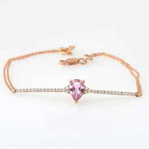 Bracelet Manchette en Argent Sterling 925 Plaqué Or Rose 14K avec Saphir Rose Poire, Bijou Pierre de Naissance, Cadeau - Product Image 5