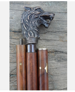 Canne de marche vintage avec tête de loup, poignée en laiton, canne en bois polie, canne de marche de collection pour cadeau et voyage - Product Image 1