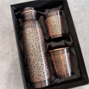 Handmade Antique Copper Water <b>Bottle</b> Set with 2 Tumblers Engraved Ayurvedic Health Benefits Pure Copper Jointless <b>Flask</b> 1000ml - Product Image 2