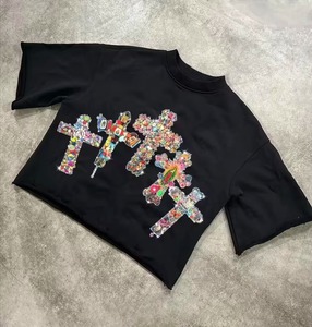 Camiseta Negra con Gráfico de Cruz de Diamantes de Imitación, Algodón Grueso, Manga Corta Oversize, Estilo Urbano para Hombre - Product Image 2