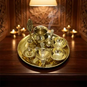 Ensemble traditionnel de thali en laiton pour la puja avec cloche, bols Bhog et cuillères décoratives pour les festivals du temple à domicile et le culte quotidien - Product Image 6