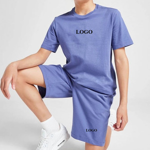 ชุดเสื้อยืดกางเกงขาสั้นผ้าฝ้ายสีน้ำเงิน คอกลม แขนสั้น สีพื้น ชุดลำลองฤดูร้อนสำหรับเด็กผู้ชาย - Product Image 6