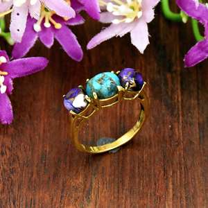Anillo de Turquesa Azul Cobre Ostra Púrpura con Engaste de Plata de Ley y Oro de 18K - Product Image 3