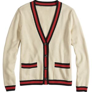 Cárdigan de punto color crema para hombre, con cuello en V, manga larga, cierre de botones, estilo otoñal, con ribete rojo y negro y bolsillos. - Product Image 1