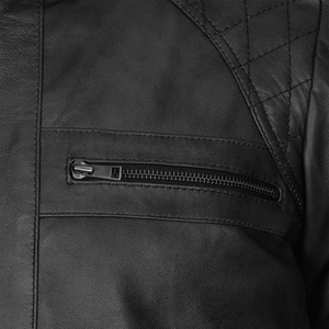 Veste en cuir pour homme, classique, en cuir véritable, veste de motard, fermeture éclair intégrale, col montant, chaude, hiver, décontractée - Product Image 6