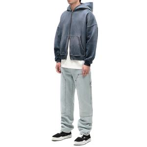 OEM 2025 Sweat à capuche unisexe en coton épais délavé à l'acide avec fermeture éclair à double extrémité Logo personnalisé Streetwear pour l'hiver - Product Image 4