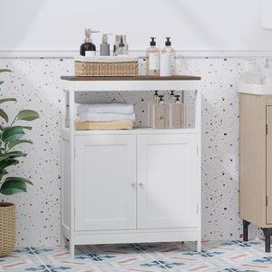 Modern Free <b>Standing</b> Bathroom Cabinet Natural Wood Top with Adjustable <b>Shelf</b> Double Doors Multi-Purpose Storage - Product Image 4