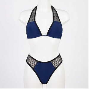 Women's Navy <b>Blue</b> Halter <b>Bikini</b> <b>Set</b> With Mesh Panels And Contrast Binding Regular Fit Two Piece Swimwear - Product Image 1