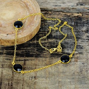 Natural <b>Black</b> Onyx Round Shape Charm Gemstone <b>Chain</b> Necklace 18k Gold Micron Over 925 Sterling Silver - Product Image 1