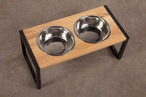 Mangeoire pour chiens double surélevée avec finition naturelle en bois et métal avec différentes finitions pour petits et grands chiens - Product Image 3