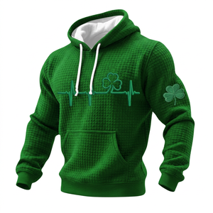เสื้อฮู้ดดี้สีเขียวลายวาฟเฟิลสำหรับผู้ชาย ปักลายโคลเวอร์และ ECG ด้านหน้าและแขนเสื้อ สวมใส่สบายๆ ในฤดูใบไม้ผลิ - Product Image 1