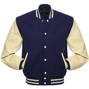 <b>Men's</b> Navy <b>Cream</b> Varsity <b>Jacket</b> Casual Turn-down Collar Polyester Cotton Solid Color Button Closure Autumn Wear - Product Image 5