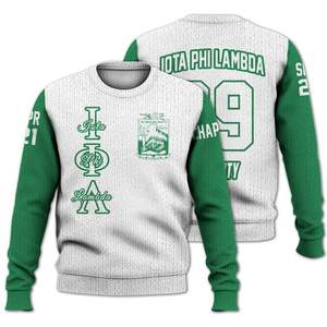 Chaqueta Universitaria Personalizada Iota Phi Lambda en Blanco y Verde Esmeralda, Suéter Tejido de la Hermandad Iota Phi Lambda - Product Image 3