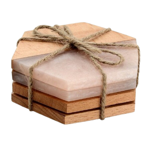 Square <b>Marble</b> <b>Coaster</b> Set With Wood Inlay Non-Slip Mats Modern Design Table Pads - Product Image 4