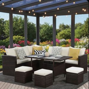 Conjunto de Comedor de Mimbre de 7 Piezas para Patio, 9 Plazas, con Cojines Color Marfil, Sofá, Otomanas y Mesa de Comedor para Terraza, Jardín o Patio Trasero - Product Image 6