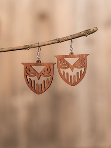 Wooden <b>Owl</b> <b>Earrings</b> Laser Cut Design Natural Brown Color Dangle Style Craft Jewelry - Product Image 5