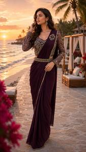 Sari en soie douce jaune moutarde élégant avec chemisier brodé pour femme, style Inde Pakistan, longueur ras du sol, pour mariage et fête - Product Image 2