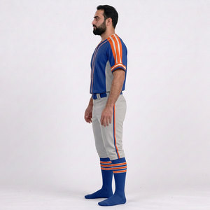 Ensemble uniforme de baseball pour hommes, maillot rayé bleu et orange, pantalon, manches courtes, fermeture à boutons, tissu en maille respirant - Product Image 4