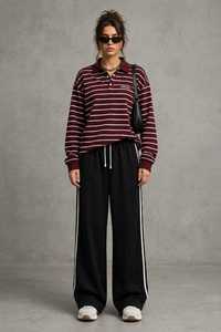Burgundy <b>White</b> Striped <b>Long</b> <b>Sleeve</b> Polo <b>Shirt</b> Knitted Button Collar Sporty Top - Product Image 4