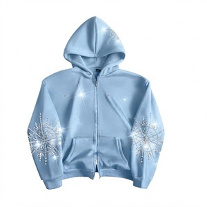 <b>Light</b> Blue Rhinestone <b>Snowflake</b> Hooded Zip-Up Sweatshirt Unisex Casual breathable hoodie Winter Knitted Regular Fit - Product Image 1