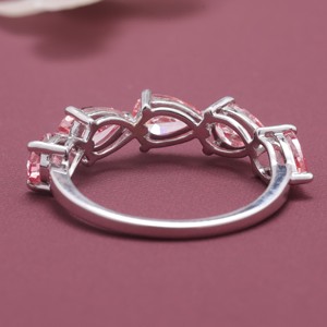 IGI Certified Three Stone <b>Pink</b> Diamond Band <b>Ring</b> with Prong Setting and Claw Setting Pear Cuts Rhodium Plated 18K Gold - Product Image 4