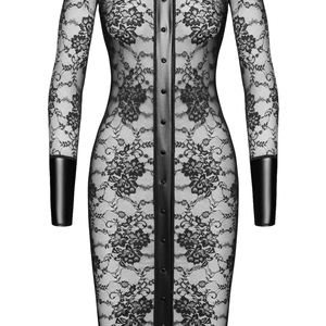 Robe moulante mi-longue noire en dentelle à manches longues, col montant, motif floral, doublure en maille transparente, boutonnée sur le devant, ajustée, pour soirée - Product Image 4