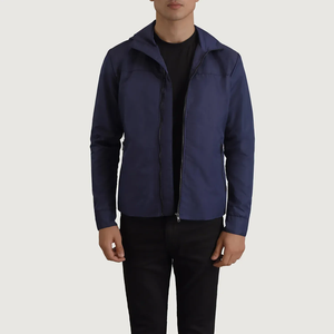 Veste softshell à capuche bleu marine pour homme, résistante à l'eau, fermeture éclair, coupe ajustée, manches longues, vêtements d'extérieur pour la randonnée en automne - Product Image 1