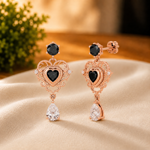 Boucles d'oreilles pendantes élégantes en forme de cœur noir avec diamants, en vermeil or blanc et moissanite, pour femme, idéales pour un anniversaire - Product Image 4