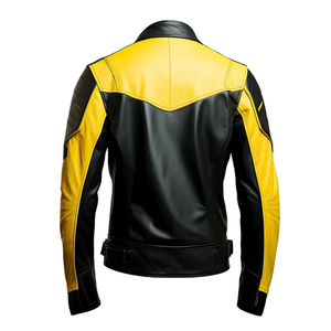 Blouson de moto en cuir noir et jaune pour homme, manches longues, color-block, toutes saisons - Product Image 1