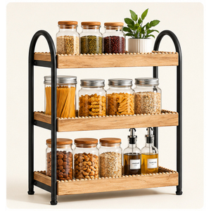 3-Tier Rustic Wooden Spice <b>Rack</b> Organizer for <b>Kitchen</b> Countertop Iron Frame Multipurpose <b>Storage</b> Shelf for Jars Bottles - Product Image 5