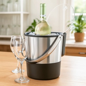 Refroidisseur à vin moderne bicolore en acier inoxydable et noir avec poignée, glacière isotherme argentée et noire pour boissons - Product Image 4