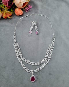 Classic Retro Silver Plated Double Layer TearDrop Pendant Necklace And Drop Earring Luxury American Diamond Wedding <b>Jewellry</b> Set - Product Image 5