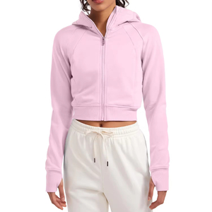 Women's Pink <b>Cropped</b> Hoodie <b>Zip</b>-<b>Up</b> Sweatshirt Full Sleeve Solid Color Knitted Cotton Autumn Wear - Product Image 6