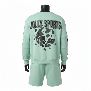 Conjunto de Sudadera y Pantalones Cortos de Felpa de Algodón y Poliéster para Hombre, con Paneles de Cinta en Contraste y Logotipo Estampado - Product Image 2