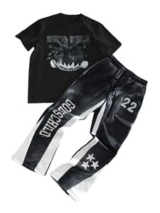 Acid Wash Oversize <b>T</b>-Shirt & Flared Pant Breathable 100% Cotton Silk Screen Printed Set Custom Printed Summer Casual Baggy <b>Track</b> - Product Image 1