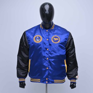 Chaquetas Varsity Azules de Satén para Hombre, Más Vendidas, con Logotipo Bordado y Mangas Negras, Estilo Preppy, Cuello Camisero - Product Image 1