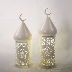 Farol de hierro, farol de metal con forma cilíndrica, corte troquelado, acabado blanco, decoración para el hogar, Ramadán, Eid, farol con forma de luna creciente en la parte superior - Product Image 5