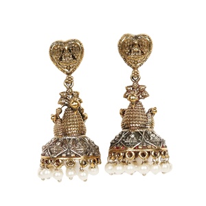 ARTS JEWELS Pendientes de boda bohemios de latón bicolor con engaste de bisel y perla colgante chapada en plata antigua de Rajastán para mujer - Product Image 1