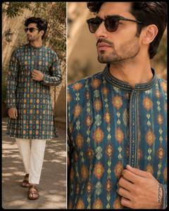 <b>Men</b>’s Premium Silk Jacquard Kurta <b>Pajama</b> <b>Set</b> with Fusible Embroidery Patti Work | Raymond Cotton Elastic Waist <b>Pajama</b> | Festive, - Product Image 4