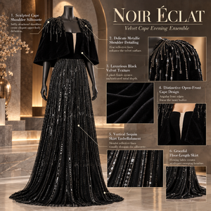 Vestido de noche con capa de terciopelo negro y flecos metálicos en los hombros |   Vestido formal largo hasta el suelo con rayas de lentejuelas y capa abierta en la parte delantera - Product Image 5